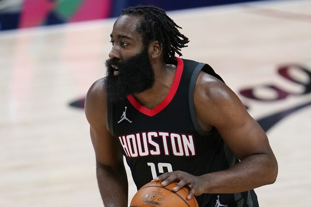 Houston Rockets guard James Harden (13) in the second half of an NBA basketball game Monday, Dec. 28, 2020, in Denver. (AP Photo/David Zalubowski)