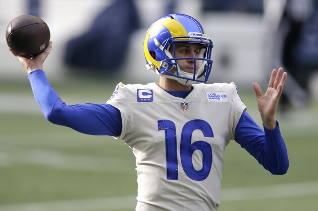 Los Angeles Rams quarterback Jared Goff warms-up before an NFL wild-card playoff football game against the Seattle Seahawks, Saturday, Jan. 9, 2021, in Seattle. (AP Photo/Scott Eklund)