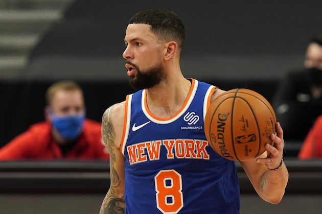 New York Knicks guard Austin Rivers (8) during the second half of an NBA basketball game against the Toronto Raptors Thursday, Dec. 31, 2020, in Tampa, Fla. (AP Photo/Chris O'Meara)