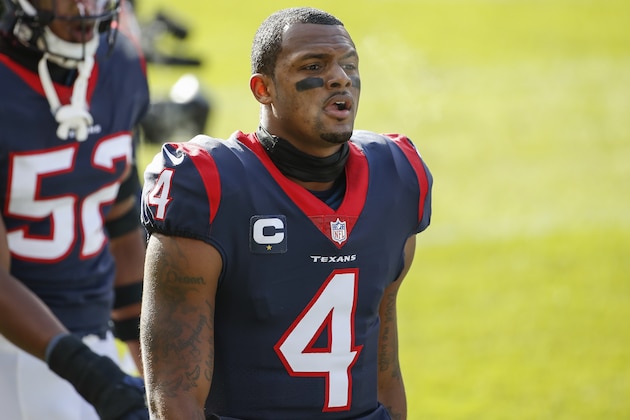 Houston Texans quarterback Deshaun Watson (4) walks off the field after warm ups before an NFL football game against the Chicago Bears, Sunday, Dec. 13, 2020, in Chicago. (AP Photo/Kamil Krzaczynski)