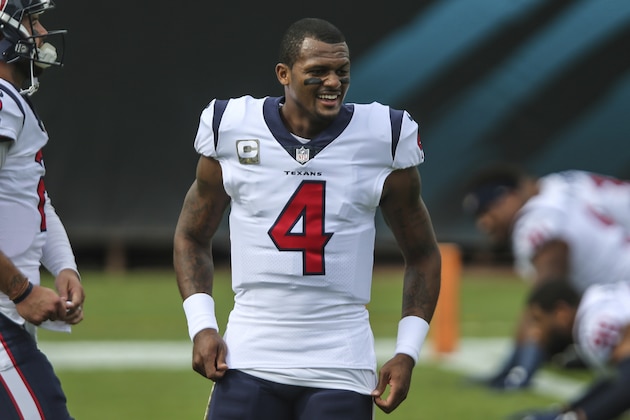Houston Texans quarterback Deshaun Watson (4) during warm-ups before an NFL football game against the Jacksonville Jaguars, Sunday, Nov. 8, 2020, in Jacksonville, Fla. (AP Photo/Gary McCullough)