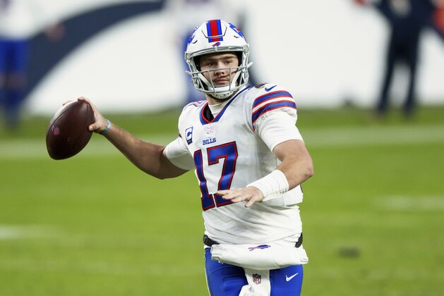 Buffalo Bills quarterback Josh Allen (17) throws a pass against the Denver Broncos during the second half of an NFL football game, Saturday, Dec.. 19, 2020, in Denver. (AP Photo/Justin Edmonds)