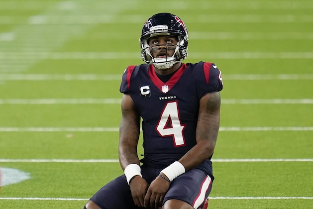 Houston Texans quarterback Deshaun Watson (4) kneels / sits on the field in frustration during an NFL football game against the Tennessee Titans, Sunday, Jan. 3, 2021, in Houston. (AP Photo/Matt Patterson)