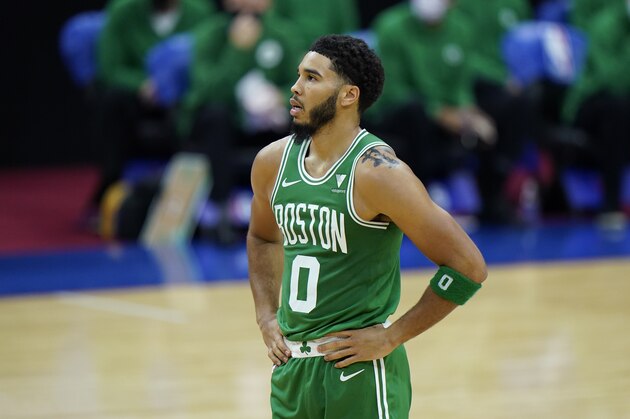 Boston Celtics' Jayson Tatum plays during an NBA preseason basketball game against the Philadelphia 76ers, Tuesday, Dec. 15, 2020, in Philadelphia. (AP Photo/Matt Slocum)