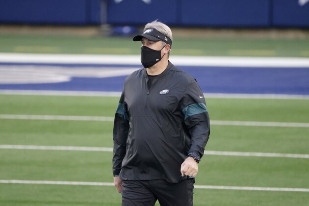 Philadelphia Eagles head coach Doug Pederson watches warmups before an NFL football game against the Dallas Cowboys in Arlington, Texas, Sunday, Dec. 27. 2020. (AP Photo/Michael Ainsworth)