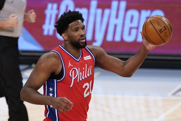 Philadelphia 76ers' Joel Embiid (21) during the first half of an NBA basketball game against the Brooklyn Nets Thursday, Jan. 7, 2021, in New York. (AP Photo/Frank Franklin II)