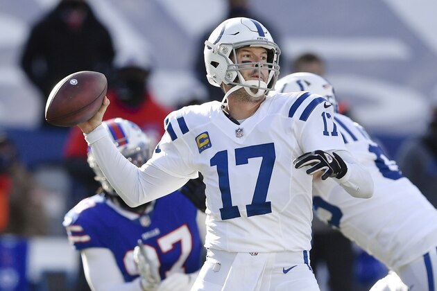 Indianapolis Colts quarterback Philip Rivers (17) throws a pass during the first half of an NFL wild-card playoff football game against the Buffalo Bills, Saturday, Jan. 9, 2021, in Orchard Park, N.Y. (AP Photo/Adrian Kraus)