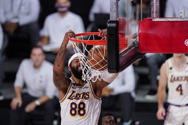 Los Angeles Lakers' Markieff Morris (88) dunks the ball against the Miami Heat during the first half in Game 3 of basketball's NBA Finals, Sunday, Oct. 4, 2020, in Lake Buena Vista, Fla. (AP Photo/Mark J. Terrill)