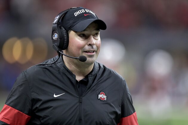 FILE - In this Dec. 7, 2019, file photo, Ohio State coach Ryan Day watches during the second half of the team's Big Ten championship NCAA college football game against Wisconsin in Indianapolis. Ohio State opens preseason training camp on Thursday, Aug. 6, 2020, with strict coronavirus protocols in place and under a cloud of uncertainty about whether a revised 10-game season will even be played at all. (AP Photo/Michael Conroy, File)