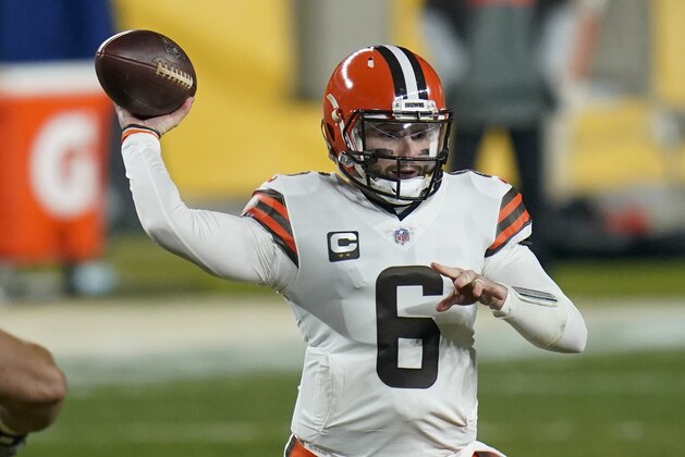 Cleveland Browns quarterback Baker Mayfield (6) throws a pass during the first half of an NFL wild-card playoff football game against the Pittsburgh Steelers, Sunday, Jan. 10, 2021, in Pittsburgh. (AP Photo/Keith Srakocic)