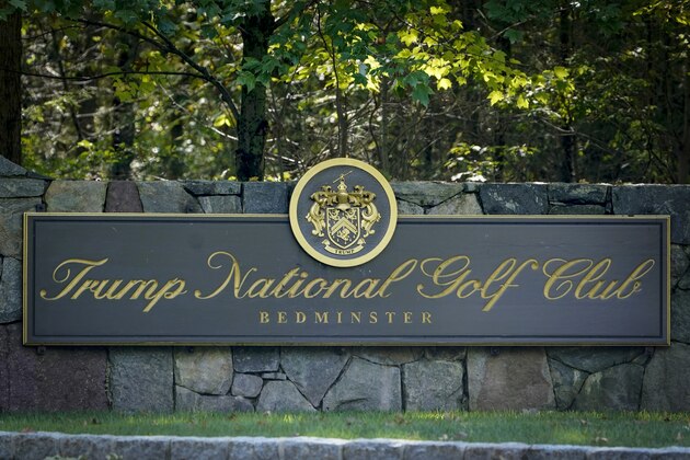 FILE - This photo from Friday Oct. 2, 2020, shows a sign at the entrance to Trump National Golf Club in Bedminster, N.J. New Jersey's governor said Monday, Oct. 5, 2020 President Donald Trump's fundraiser at his Bedminster golf club in the state hours before announcing he had the coronavirus