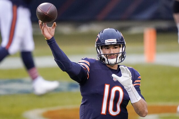 Chicago Bears' Mitchell Trubisky warms up before an NFL football game against the Green Bay Packers Sunday, Jan. 3, 2021, in Chicago. (AP Photo/Nam Y. Huh)