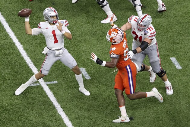 Ohio State quarterback Justin Fields passes against Clemson during the second half of the Sugar Bowl NCAA college football game Friday, Jan. 1, 2021, in New Orleans. (AP Photo/Butch Dill)