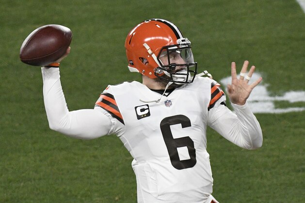 Cleveland Browns quarterback Baker Mayfield (6) warmups before an NFL wild-card playoff football game against the Pittsburgh Steelers in Pittsburgh, Sunday, Jan. 10, 2021. (AP Photo/Don Wright)