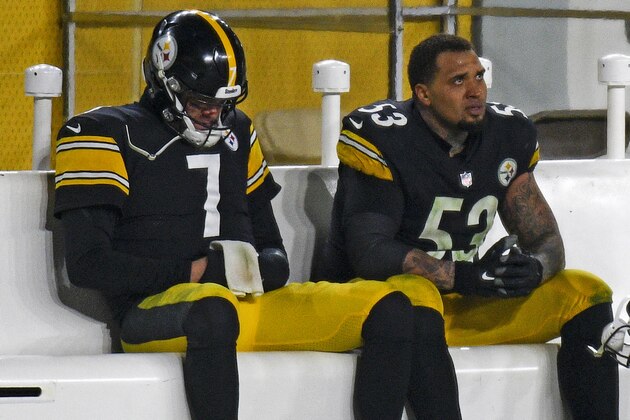 Pittsburgh Steelers quarterback Ben Roethlisberger (7) sits on the bench next to center Maurkice Pouncey (53) following a 48-37 loss to the Cleveland Browns in an NFL wild-card playoff football game in Pittsburgh, Sunday, Jan. 10, 2021. (AP Photo/Don Wright)