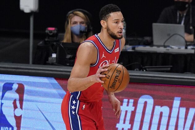 Philadelphia 76ers' Ben Simmons (25) during the first half of an NBA basketball game against the Brooklyn Nets Thursday, Jan. 7, 2021, in New York. (AP Photo/Frank Franklin II)
