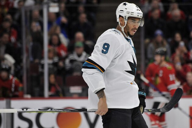 San Jose Sharks' Evander Kane (9) looks on during the first period of an NHL hockey game against the Chicago Blackhawks Wednesday, March 11, 2020, in Chicago. Chicago won 6-2. (AP Photo/Paul Beaty)