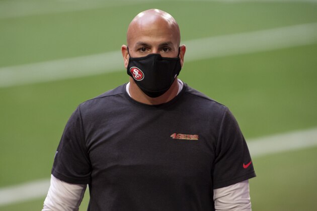 San Francisco 49ers defensive coordinator Robert Saleh looks on prior to an NFL football game against the Seattle Seahawks, Sunday, Jan. 3, 2021, in Glendale, Ariz. (AP Photo/Jennifer Stewart)