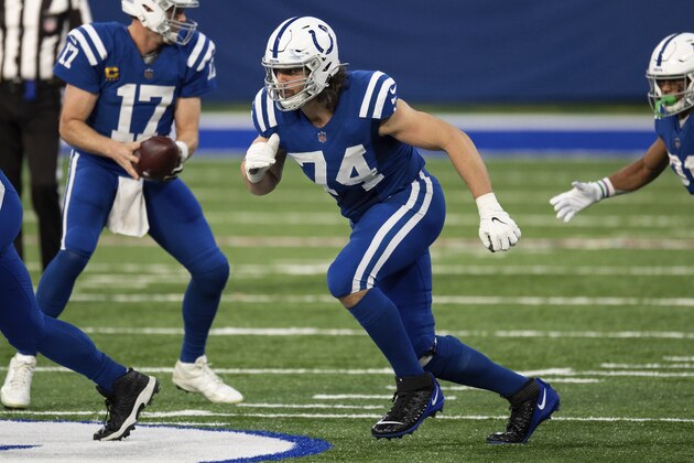 Indianapolis Colts tackle Anthony Castonzo (74) runs down the field during an NFL football game against the Houston Texans on Sunday, Dec. 20, 2020, in Indianapolis. (AP Photo/Zach Bolinger)