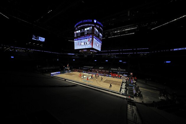 A general view as the Atlanta Hawks bring the ball up court during an NBA basketball game against the Brooklyn Nets, Friday, Jan. 1, 2021, in New York. The Hawks won 114-96. (AP Photo/Adam Hunger)