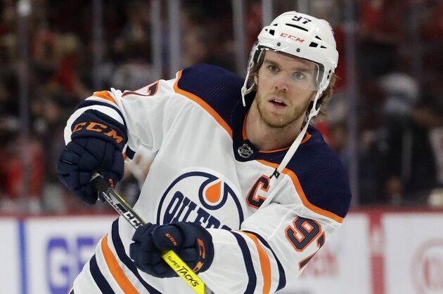 Edmonton Oilers center Connor McDavid warms up before an NHL hockey game against the Chicago Blackhawks in Chicago, Thursday, March 5, 2020. (AP Photo/Nam Y. Huh)