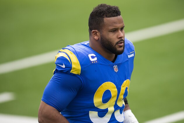 Los Angeles Rams defensive tackle Aaron Donald (99) before an NFL football game against the Arizona Cardinals Sunday, Jan. 3, 2021, in Inglewood, Calif. (AP Photo/Kyusung Gong)