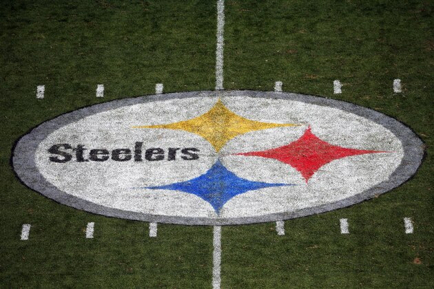 This is the Pittsburgh Steelers logo in the 50 yard line of Heinz Field during the second half of an NFL football game between the Pittsburgh Steelers and the San Francisco 49ers,  Sunday, Sept. 20, 2015, in Pittsburgh. (AP Photo/Gene J. Puskar)
