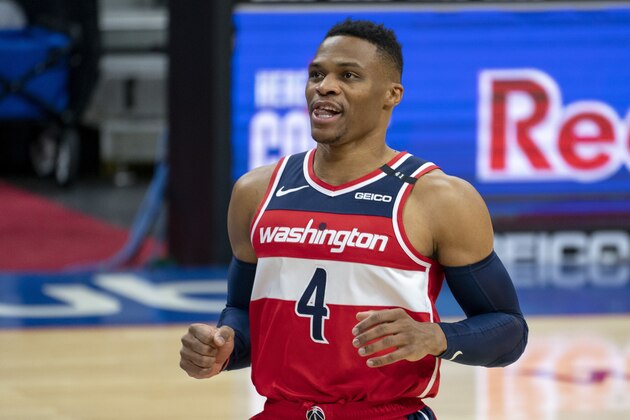 Washington Wizards guard Russell Westbrook reacts during the first half of an NBA basketball game against the Philadelphia 76ers, Wednesday, Jan. 6, 2021, in Philadelphia. The 76ers won 141-136. (AP Photo/Chris Szagola)