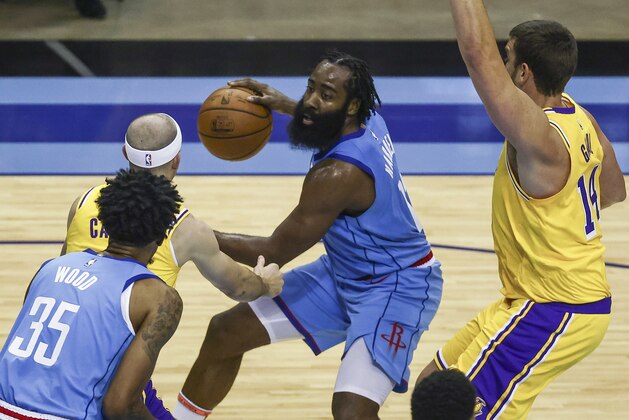 Houston Rockets guard James Harden dribbles against the Los Angeles Lakers during the third quarter of an NBA basketball game Tuesday, Jan. 21, 2021, in Houston. (Troy Taormina/Pool Photo via AP)