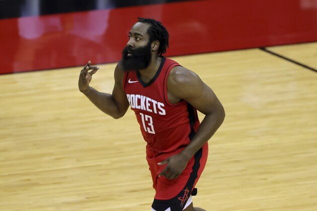 James Harden of the Houston Rockets reacts to a basket during the first quarter of an NBA basketball game Sunday, Jan. 10, 2021, in Houston, Texas. (Carmen Mandato/Pool Photo via AP)