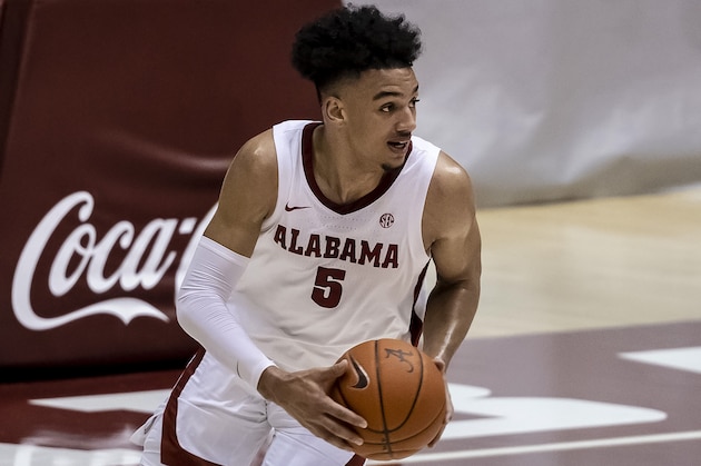 Alabama guard Jaden Shackelford (5) during the second half of an NCAA college basketball game, Saturday, Dec. 19, 2020, in Tuscaloosa, Ala. (AP Photo/Vasha Hunt)