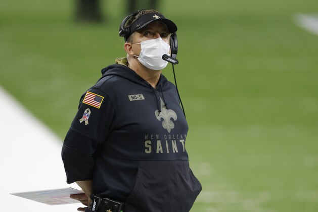 New Orleans Saints head coach Sean Payton during an NFL wild-card playoff football game against the Chicago Bears, Sunday, Jan. 10, 2021, in New Orleans. The Saints defeated the Bears 21-9. (AP Photo/Tyler Kaufman)