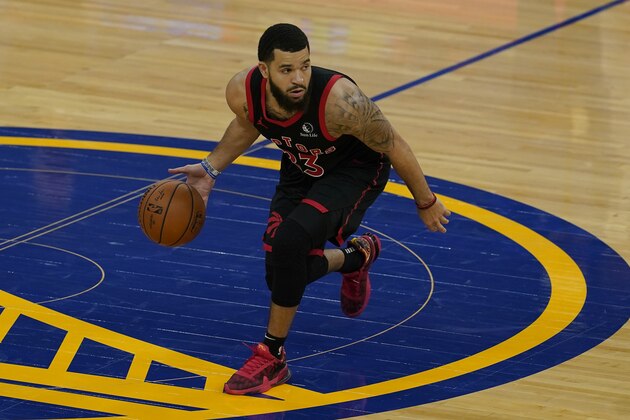 Toronto Raptors guard Fred VanVleet against the Golden State Warriors during an NBA basketball game in San Francisco, Sunday, Jan. 10, 2021. (AP Photo/Jeff Chiu)