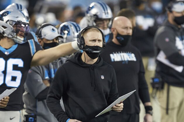 Carolina Panthers offensive coordinator Joe Brady during an NFL football game against the New Orleans Saints, Sunday, Jan. 3, 2021, in Charlotte, N.C. (AP Photo/Brian Westerholt)