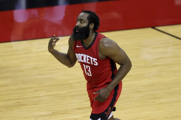 James Harden of the Houston Rockets reacts to a basket during the first quarter of an NBA basketball game Sunday, Jan. 10, 2021, in Houston, Texas. (Carmen Mandato/Pool Photo via AP)