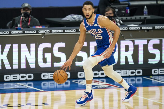 Philadelphia 76ers' Ben Simmons in action during the first half of an NBA basketball game against the Miami Heat, Tuesday, Jan. 12, 2021, in Philadelphia. The 76ers won 137-134 in overtime. (AP Photo/Chris Szagola)