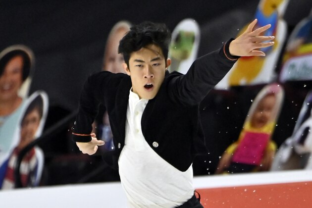 Nathan Chen of the United States competes during men's short program in the International Skating Union Grand Prix of Figure Skating Series Friday, Oct. 23, 2020, in Las Vegas. (AP Photo/David Becker)