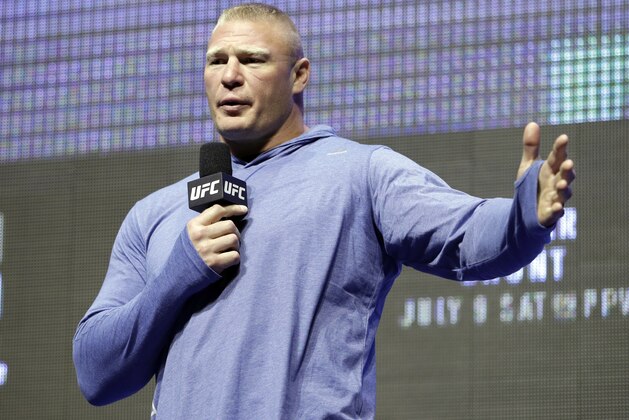 Brock Lesnar speaks during a UFC 200 mixed martial arts workout, Thursday, July 7, 2016, in Las Vegas. Lesnar is scheduled to fight Mark Hunt in a heavyweight fight at UFC 200 Saturday. (AP Photo/John Locher)