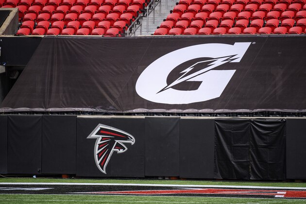 A Gatorade logo banner covers the seats before an NFL football game between the Atlanta Falcons and the Seattle Seahawks, Sunday, Sept. 13, 2020, in Atlanta. The Seattle Seahawks won 38-25. (AP Photo/Danny Karnik)