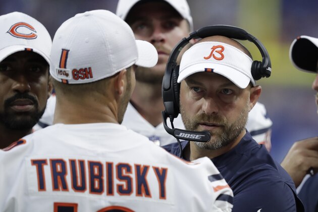 Chicago Bears head coach Matt Nagy talks with Mitchell Trubisky (10) during the first half of an NFL preseason football game against the Indianapolis Colts, Saturday, Aug. 24, 2019, in Indianapolis. (AP Photo/Michael Conroy)