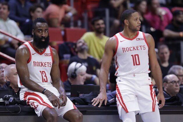 Houston Rockets guard James Harden (13) and guard Eric Gordon (10) sit on the scoring table during the second half of an NBA basketball game against the Miami Heat, Thursday, Dec. 20, 2018, in Miami. The Heat won 101-99. (AP Photo/Lynne Sladky)