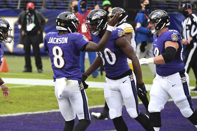 Baltimore Ravens quarterback Lamar Jackson (8) celebrates first half touchdown pass to Baltimore Ravens wide receiver Miles Boykin (80) during an NFL football game against the Pittsburgh Steelers, Sunday, Nov. 1, 2020, in Baltimore. (AP Photo/Terrance Williams)