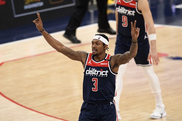 Washington Wizards guard Bradley Beal (3) gestures during the second half of an NBA basketball game against the Phoenix Suns, Monday, Jan. 11, 2021, in Washington. (AP Photo/Nick Wass)