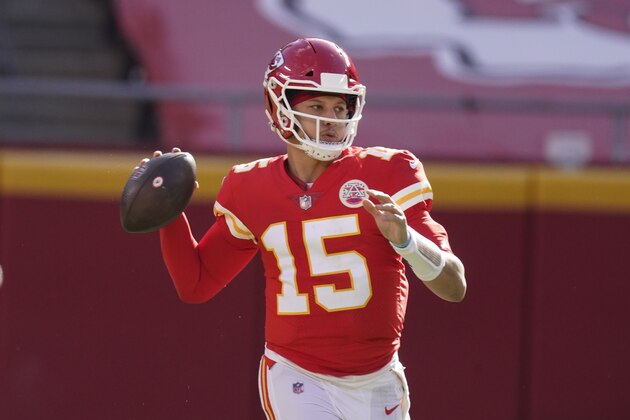 Kansas City Chiefs quarterback Patrick Mahomes throws a pass during the first half of an NFL football game against the Atlanta Falcons, Sunday, Dec. 27, 2020, in Kansas City. (AP Photo/Charlie Riedel)