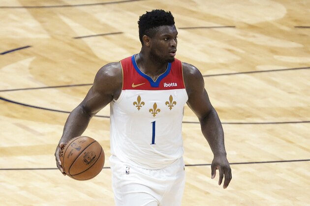 New Orleans Pelicans forward Zion Williamson (1) against the Charlotte Hornets in the third quarter of an NBA basketball game in New Orleans, Friday, Jan. 8, 2021. (AP Photo/Derick Hingle)