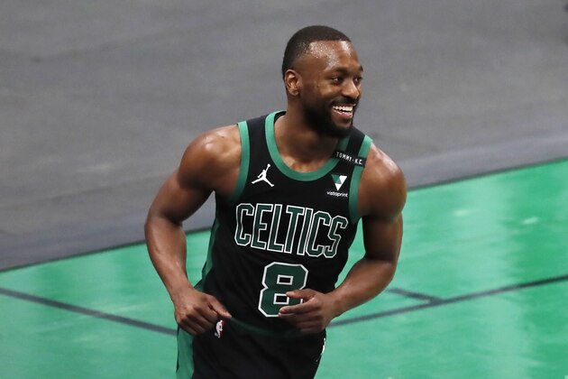 Boston Celtics' Kemba Walker plays against the New York Knicks during the first half of an NBA basketball game, Sunday, Jan. 17, 2021, in Boston. (AP Photo/Michael Dwyer)