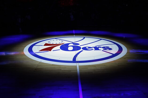 The Philadelphia 76ers' lhalf-court logo is shown before an NBA basketball game against the Cleveland Cavaliers, Friday, Nov. 8, 2013, in Philadelphia. (AP Photo/Matt Slocum)