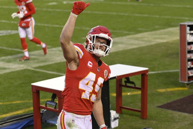 Kansas City Chiefs safety Daniel Sorensen celebrates after an NFL divisional round football game against the Cleveland Browns, Sunday, Jan. 17, 2021, in Kansas City. The Chiefs won 22-17. (AP Photo/Reed Hoffmann)