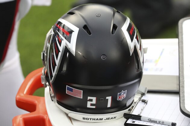 Atlanta Falcons running back Todd Gurley (21) wear a social justice statement on his helmet during an NFL football game against the Los Angeles Chargers, Sunday, December 13, 2020, in Inglewood, Calif. (AP Photo/Peter Joneleit)
