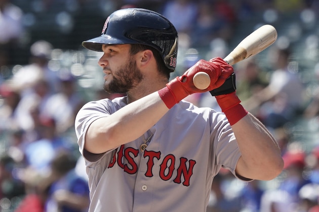 Boston Red Sox batter Andrew Benintendi is pictured at the plate against the Texas Rangers during a baseball game Thursday, Sept. 26, 2019, in Arlington, Texas. (AP Photo/Louis DeLuca)